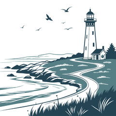 Coastal Lighthouse Silhouette Serene Seascape Illustration