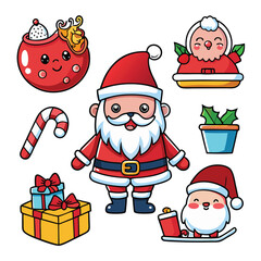 Six Cute Christmas Stickers Santa Candy Cane Gift Box Holiday Decorations Red Green Yellow Blue