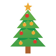 Simple Green Christmas Tree Vector Icon Gold Star Red Orange Ornaments White Background