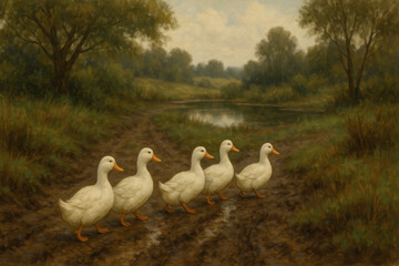 Obraz premium ducks walking on a muddy path.