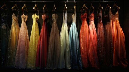 In the backstage wardrobe, several gowns ready to be showcased are neatly hung