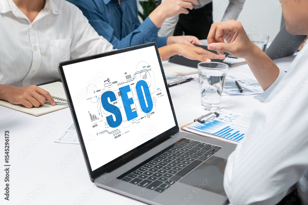 Aufkleber SEO search engine optimization for brisk e-commerce and online retail business showing on computer screen