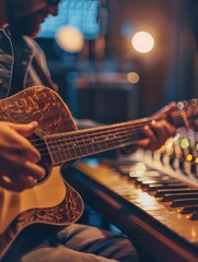 Fototapeta premium A guitarist is intently playing in a recording studio, with soft background instruments and equipment