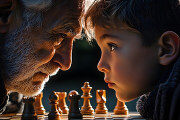 Grandfather and grandson face each other across a chessboard, the movement of the pieces and the glimmers of wisdom under the light reflect intergenerational communication