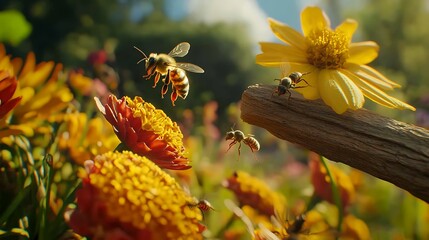 A bee flying near orange and yellow flowers with ants on a branch in the garden