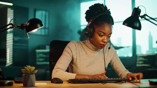 Focused ethical hacker analyzing code with headphones in modern workspace