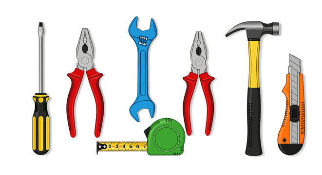 Illustration of various hand tools including screwdriver pliers wrench hammer and measuring tape set up nicely