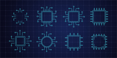 Processor line icon, hud microchip cpu technology board, Central processing unit. Design element flat, simple silhouette.