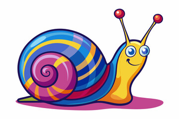 Bright and cheerful cartoon snail character with a vibrant orange spiral shell, blue body, and big smiling face. This playful vector illustration is perfect for children’s books, educational materials