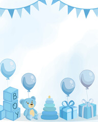 Baby boy shower card with blue flat illustrations in background © Iuliana