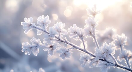 Fototapeta premium A frost-covered withered branch, with sunlight casting down