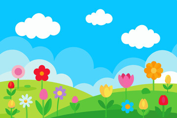 Fototapeta premium Cartoon spring meadow with colorful flowers and blue sky