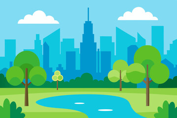 Fototapeta premium City park landscape with pond and skyline