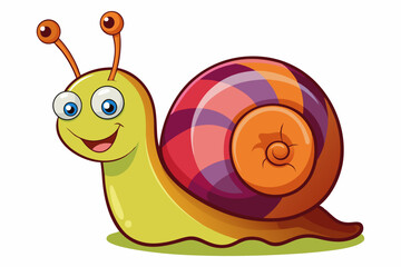 Bright and cheerful cartoon snail character with a vibrant orange spiral shell, blue body, and big smiling face. This playful vector illustration is perfect for children’s books, educational materials