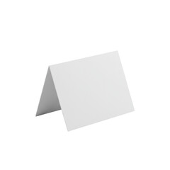 White, blank, folded paper tent-fold table place card made of thick, smooth card stock, standing upright, isolated on a pristine transparent seamless studio background with even, shadowless lighting,