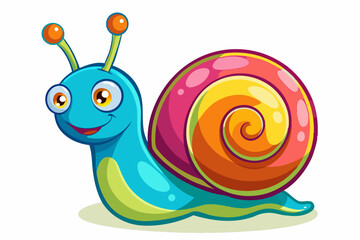 Bright and cheerful cartoon snail character with a vibrant orange spiral shell, blue body, and big smiling face. This playful vector illustration is perfect for children’s books, educational materials