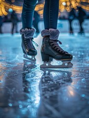 Ice skaters focus intently on executing complex maneuvers on the rink, with soft lights casting gentle reflections on the ice