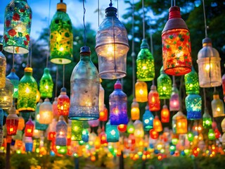 Fototapeta premium Colorful decorative lights made from recycled bottles hanging outdoors create a festive atmosphere