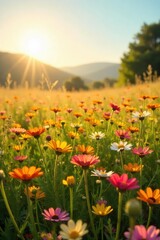 A vibrant field of wildflowers basks in golden sunlight, exuding joy and serenity Perfect for concepts of peace, beauty, and carefree living , flora, calm