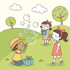 Kids Playing Outdoors with Bubbles and Gifts – Cute Children's Party Vector Illustration