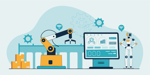 flat vector design future digital manufacturing with ai robotics automation working process concept 