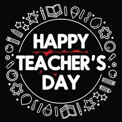 Obraz premium Happy teacher's day celebration circle design with outlined school icons on black background