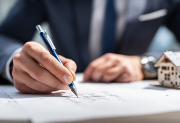 Naklejka premium A real estate agent is sitting at his desk, looking over the floor plan of an apartment building with a blue pencil and drawing on it. There's also a paper cup of coffee beside him. In front of him li