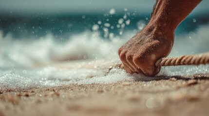 Hand gripping rope at seashore