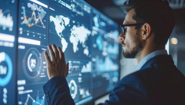 Professional Analyst Interacting with Holographic Data Visualization Screens