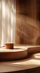 The wooden exhibition stand, set against a soft and warm background