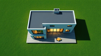 Obraz premium A large private house located on a green lawn. Elements of the house: roof, walls, terrace with furniture. In the foreground is a green lawn.