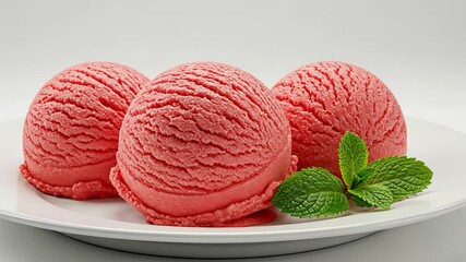 Strawberry sorbet scoops with fresh mint on plate rotation