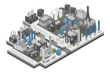 A large industrial factory with storage tanks and silos isometric