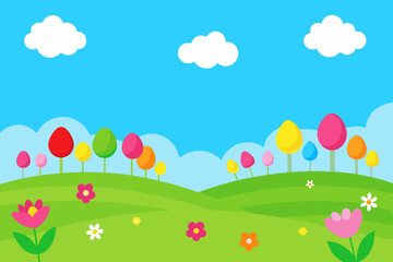 Colorful easter egg trees in spring landscape