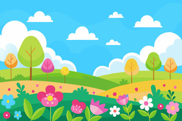 Obraz premium Cartoon spring landscape with colorful flowers and trees
