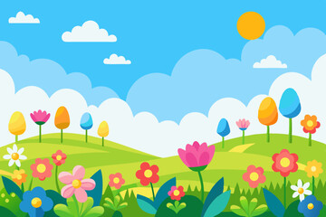 Naklejka premium Colorful spring landscape with flowers and easter eggs