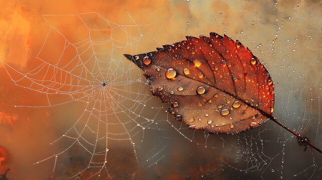A close up of a leaf with water droplets on it sitting on a spider web on a fall day