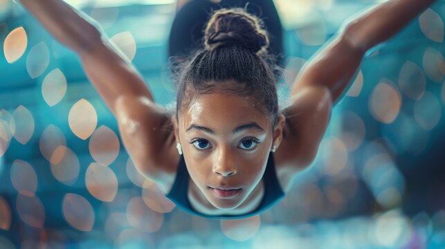 A gymnast focuses intently on executing a high-difficulty routine on the apparatus, with dreamy lighting creating a magical atmosphere in the background