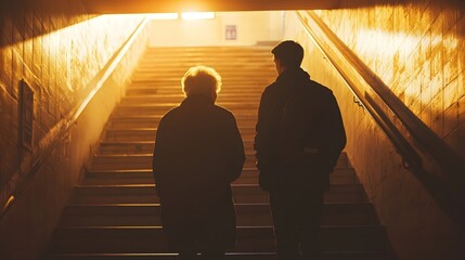 A young person assists an elderly individual on the stairs, where the interplay of light and shadow in the stairwell