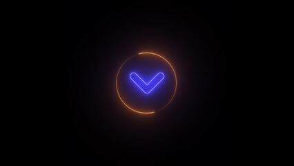 Neon glowing down arrow on black background.	
