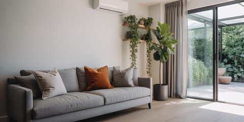 Elegant living room interior with grey sofa and house plants
