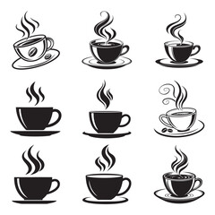 Black Coffee Cup Vector Set – Steaming Mug Silhouette