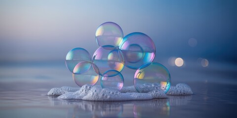 Soap Bubbles on Water Surface with Reflections