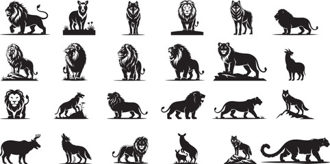 Majestic wild animals lion wolf deer silhouette collection. eps-10
