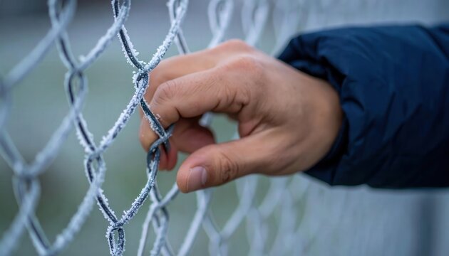 Hand Gripping Frosted Wire Mesh Fence in Cold Climate Environment