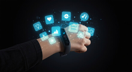 Hand with Fitness Tracker Emitting Holographic Health and Wellness Icons - Wearable Technology, Digital Health, and Personal Fitness Monitoring

