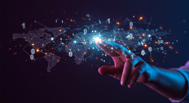 Digital Touch: A fingertip interacts with a luminous digital world map, symbolizing global connectivity, information, and cutting-edge technology. - Powered by Adobe