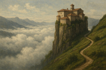 Obraz premium Mountain painting with house on top.