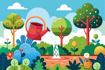 Fototapeta premium Vector illustration of a cartoon-style woman gardener wearing a hat, apron, and boots, watering green plants with a red watering can.