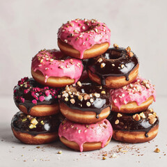 Tasty donuts with chocolate and pink icing are stacked high, topped with chopped nuts and sprinkles on a soft surface.